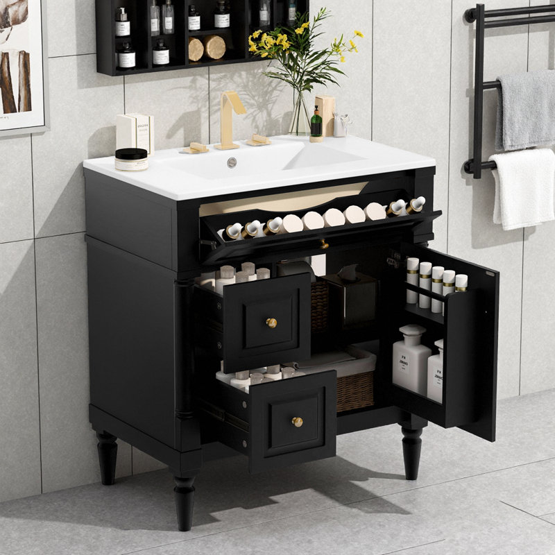 Meuble-lavabo autoportant de 30 pouces avec lavabo, tiroir rabattable et support de rangement noir, Noir