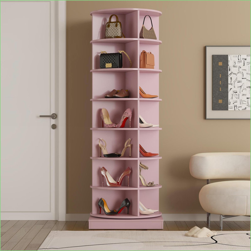 Shoe Cabinets, 7-Layer Rotating Pink Shoe Storage (28-Pair Capacity) | Particle Board+MDF | Bedroom, Pink