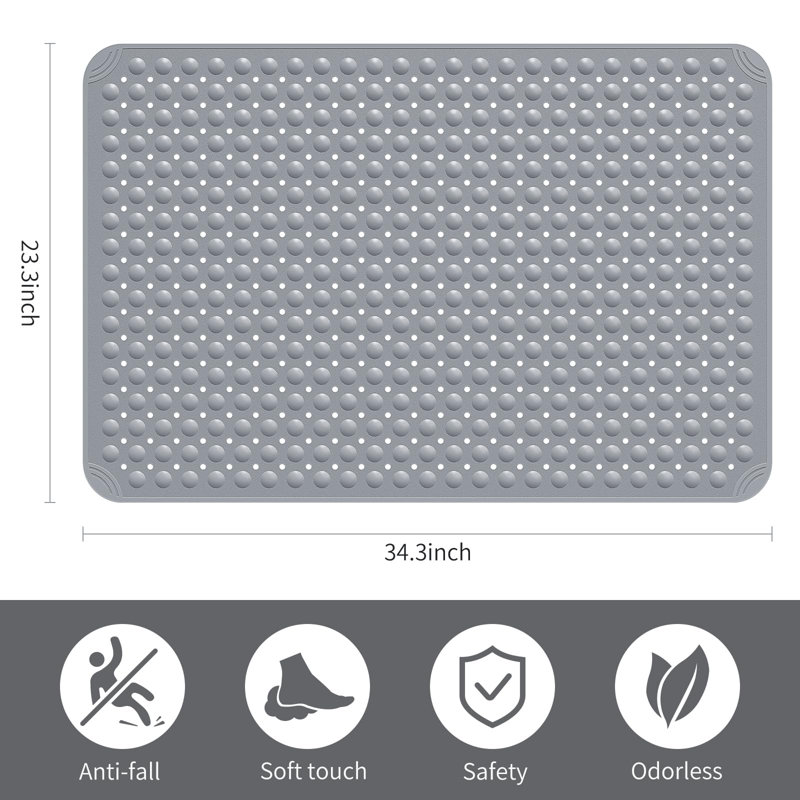 Très grand tapis de douche, tapis de douche TPE antidérapant avec trous de bonde et ventouses, Gris foncé