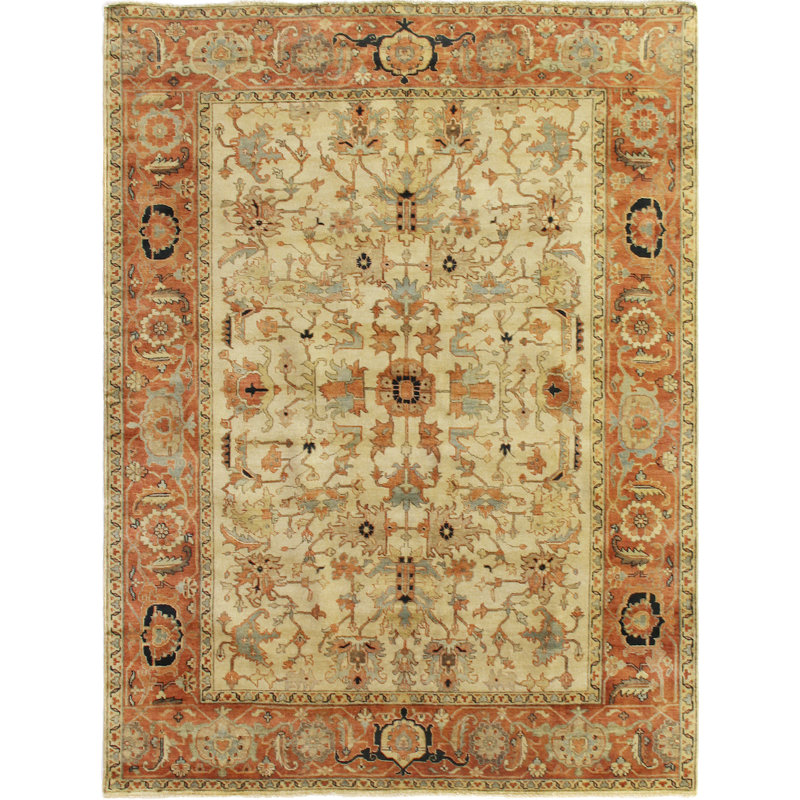 Antique Weave Serapi Oriental Hand-Knotted Wool Area Rug in Beige/Red/Light Blue, Rectangle 12' x 15'