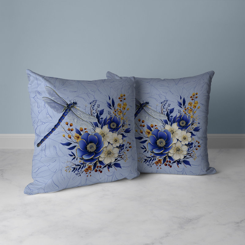 Coussin Dragonfly Haven, H 16 po x l 16 po, Bleu / jaune / crème