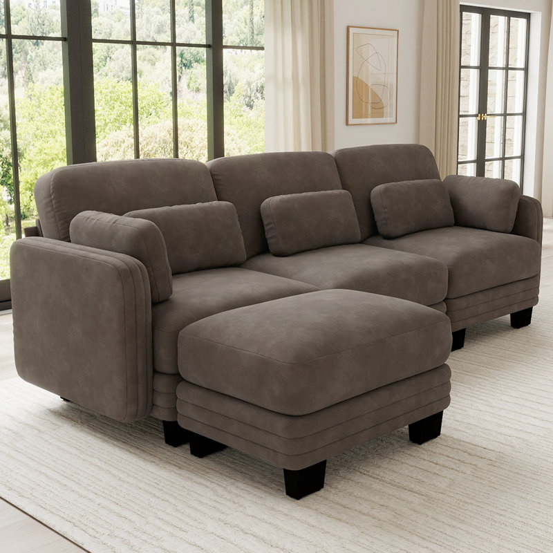 Canapé modulaire 3 places avec motif capitonné et tissu chenille, L 100 po, Chenille brun