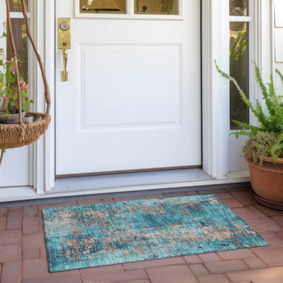 Machine Washable Indoor/Outdoor Xhevrie Teal Rug