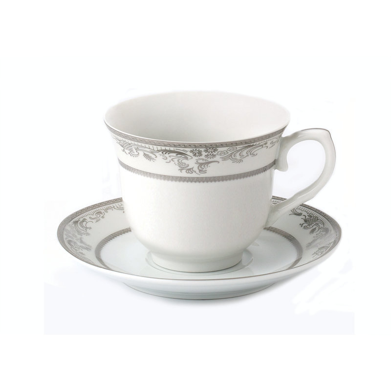 Elegant Silver Floral Porcelain Tea Cups and Saucers Set, 8 oz, Set of 4
