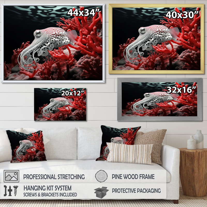 Seiche noir et rouge monochrome - décoration murale plage et océan, Cadre simple blanc, H 24 po x l 32 po x P 1 po