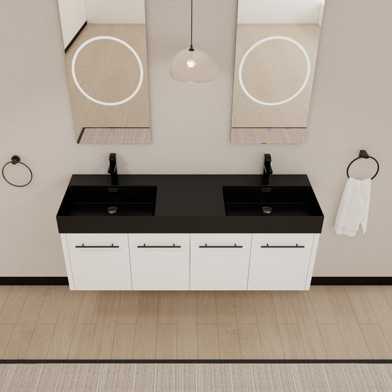 Meuble-lavabo mural avec lavabo, double rebord en résine épaisse, Blanc lustré, Noir