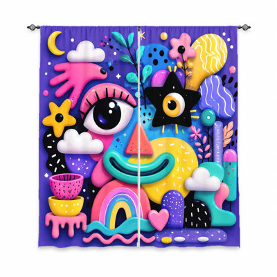 Rideaux fantaisistes 2 pièces, tissu filtrant la lumière, griffonnages abstraits ludiques, formes accrocheuses, habillages de fenêtre décoratifs, conception à passe-tringle, convenant au salon, à la chambre à coucher, à la salle de jeux et à la décoration pour enfants