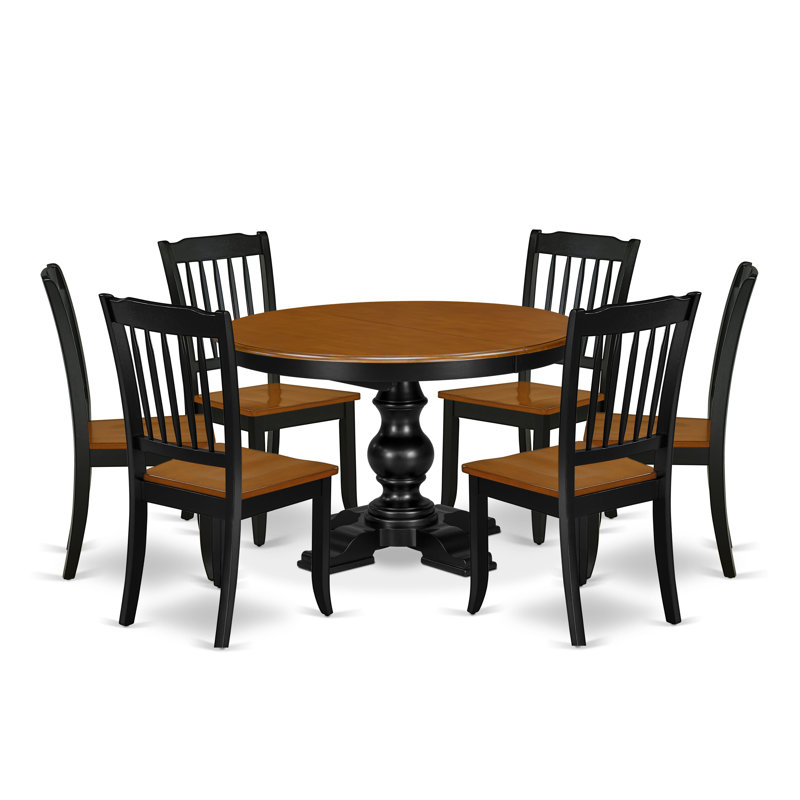 L'ensemble de cuisine en bois massif 7 pièces comprend une table de salle à manger ovale avec rallonge et pieds piédestal, 6 chaises en bois, dossier à lattes, assemblage facile, finition noire