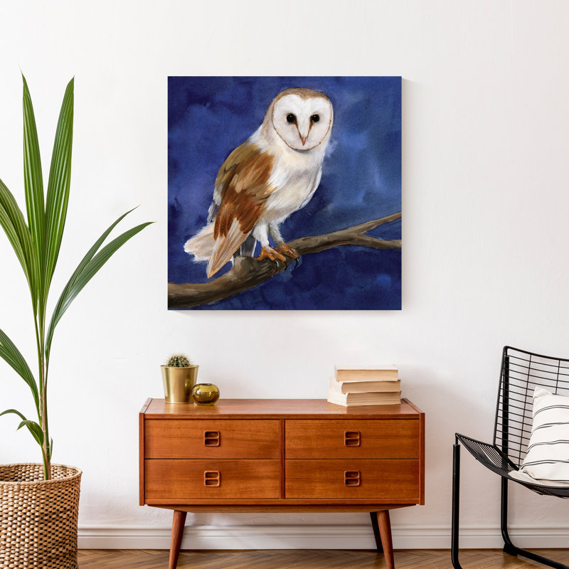 Chouette sur fond bleu - Peinture sur toile, Toile tendue, H 24 po x l 24 po x P 1,25 po