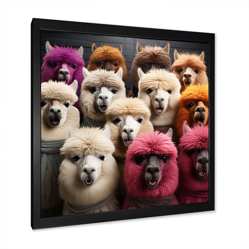 Cheerful Alpaca Family Portrait II - Boho Tiles, art mural, Cadre simple noir, H 30 po x l 30 po x P 1,5 po