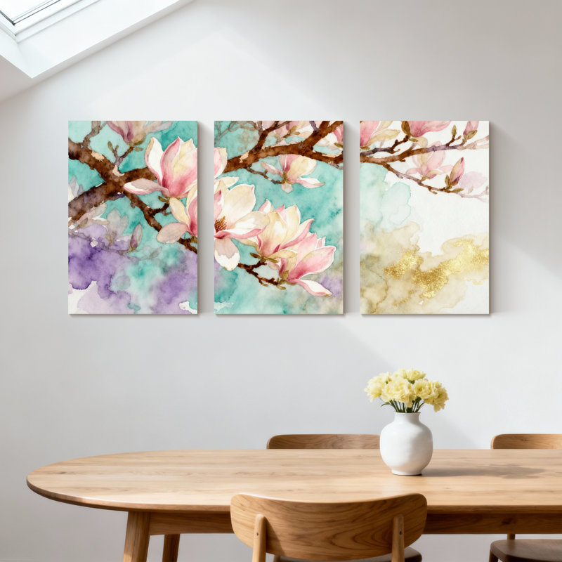 «Magnolia Watercolor Magnolia Blossoms On Branches», ensemble de 3 impressions sur toile, H 18 po x l 36 po