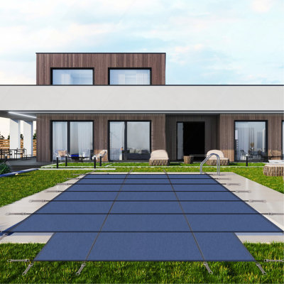 Couverture de sécurité rectangulaire pour piscine creusée 16 'x 32' avec marche centrale 4 'x 8', filet en PP haute résistance avec quincaillerie, filet bleu