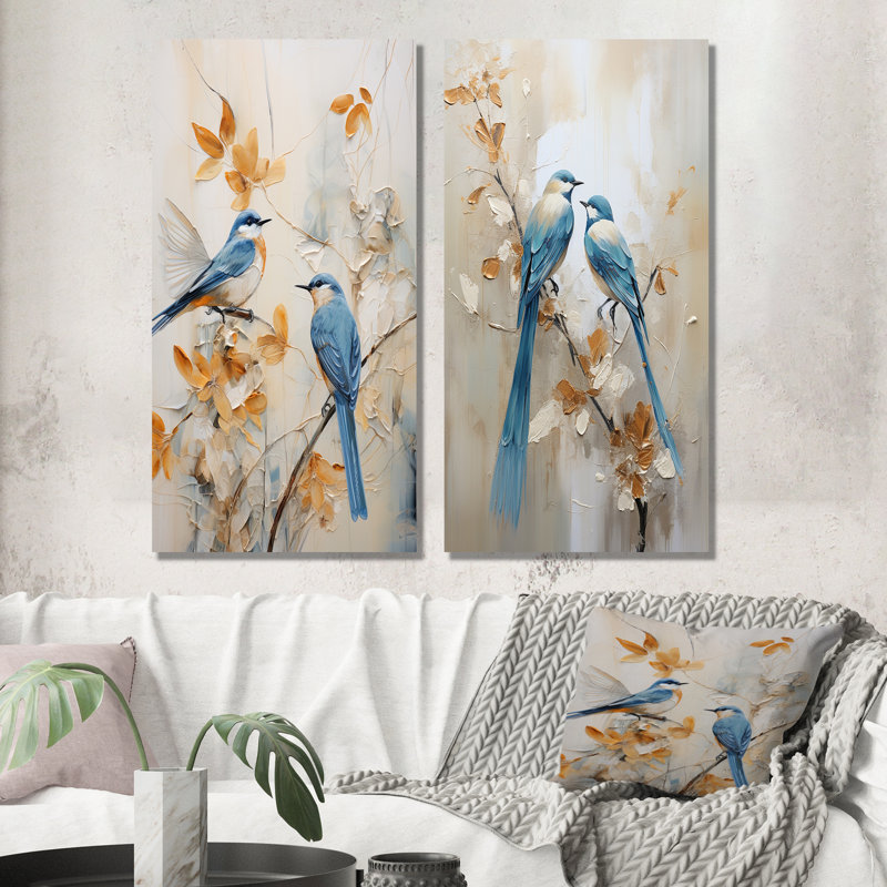 Minimalisme, oiseaux, paradis floral, ensemble de 2 décorations murales, H 28 po x l 25 po, Toile tendue