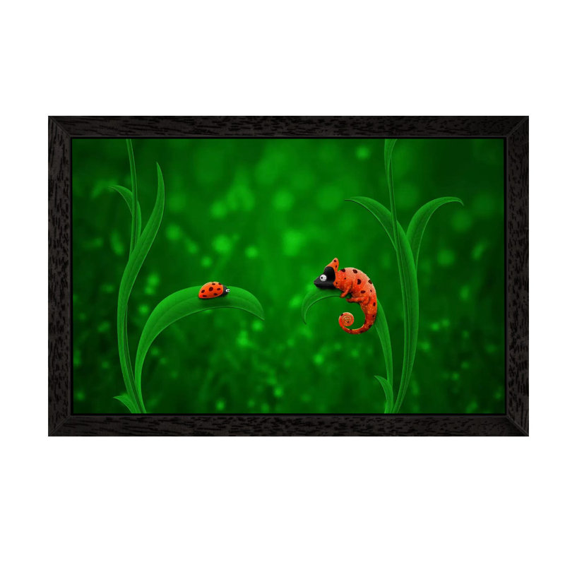 Ladybug And Chameleon - Print on Canvas, 66.04 cm H x 45.72 cm W, Black Floater Framed