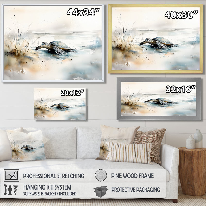 Minimal aquarelle tortue au bord de l'océan - tortue, art mural dans le salon, H 16 po x l 32 po, Black