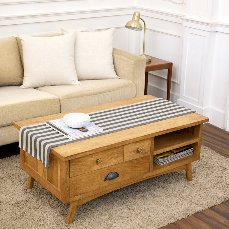 100% Pure Linen Table Runner - Sorrento Stripe, 48" x 14", Black/Natural