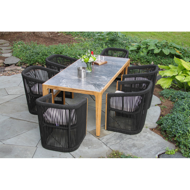  Ensemble repas 7 pièces en teck et pierre Aniston avec coussins Sunbrella®, Gris