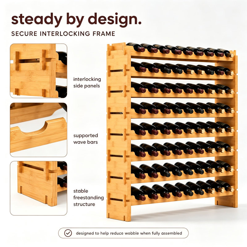 Support à vin empilable en bambou empilable, étagère modulaire à 8 niveaux pour le rangement de la cave ou du bar, conception robuste sans oscillation, assemblage facile sans outil