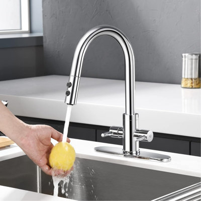 Stainless Steel Kitchen Faucet With Pull-Down Sprayer – 2-Handle Sink Faucet For Kitchen & Bar, Durable Faucet With Spray Function