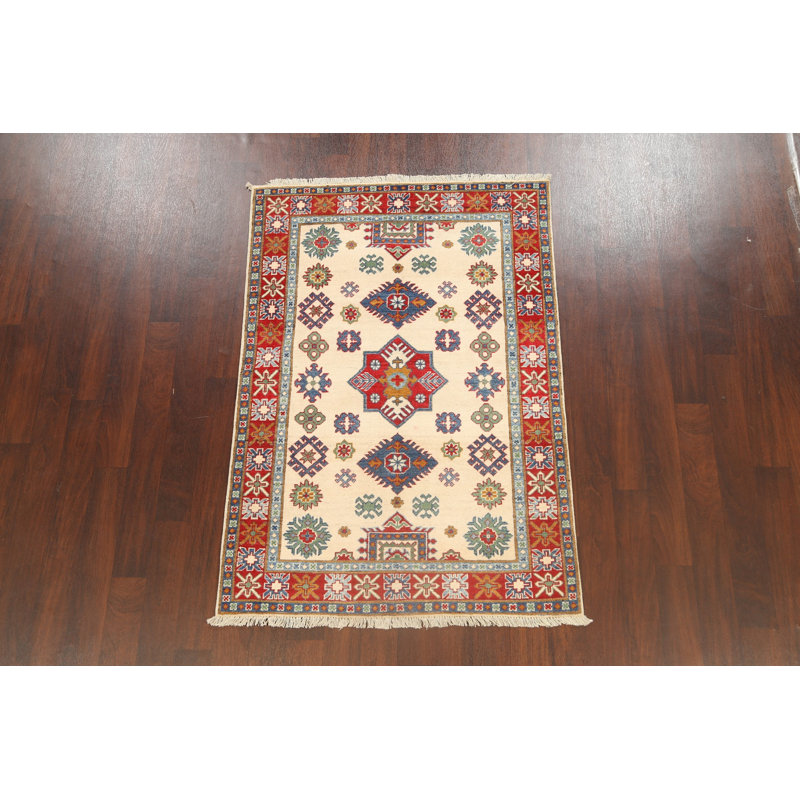 Tapis beige en laine noué à la main de conception unique 4 pi x 5 pi 10 po