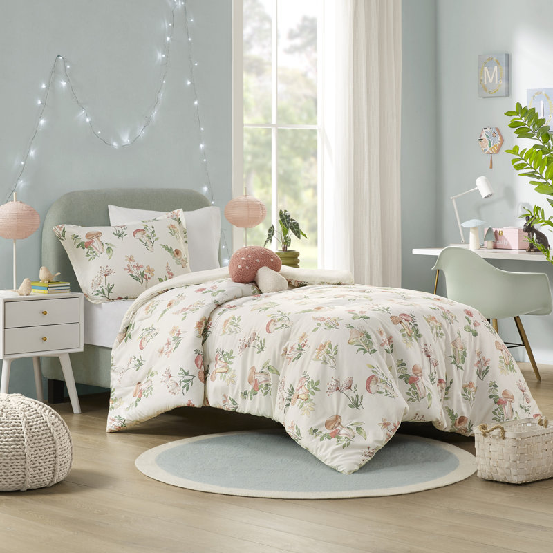 Twin Green Microfiber Mushroom Garden Comforter Set