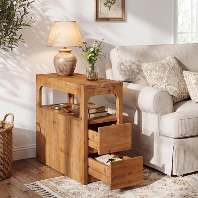  Narrow Solid Wood End Table with 2 Drawers and an Open Shelf