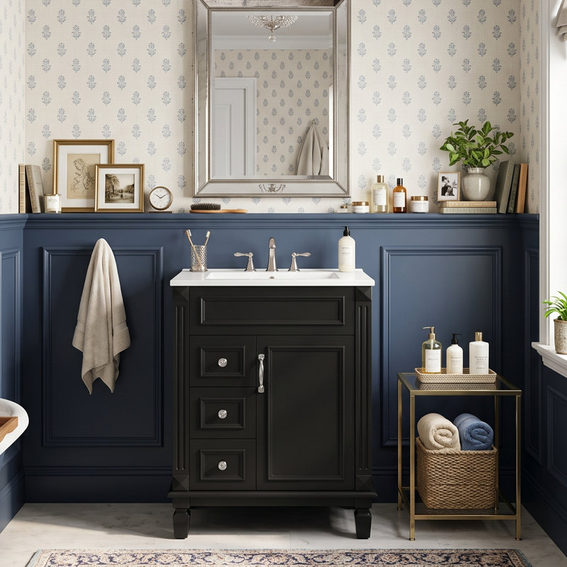 Meuble-lavabo moderne 24 po avec lavabo en céramique, armoire en bois massif avec 2 tiroirs et tablette (noir / blanc / vert / bleu)