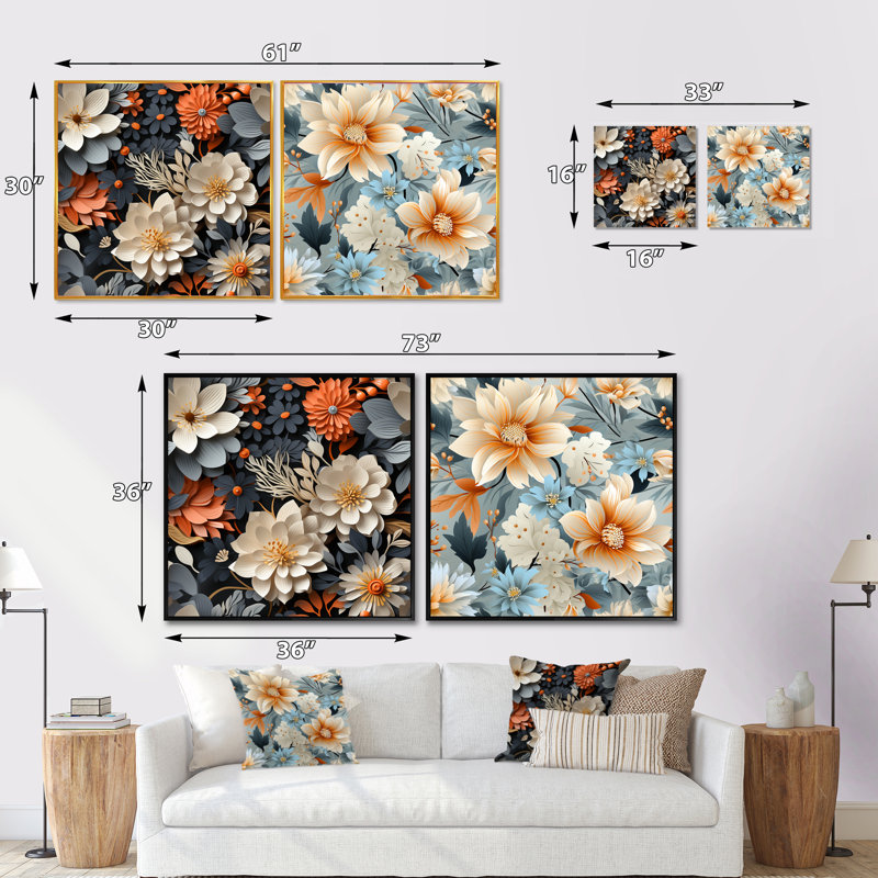 Regiène - Ensemble de 2 collages carrés floraux, Cadre flottant brun, H 36 po x l 73 po