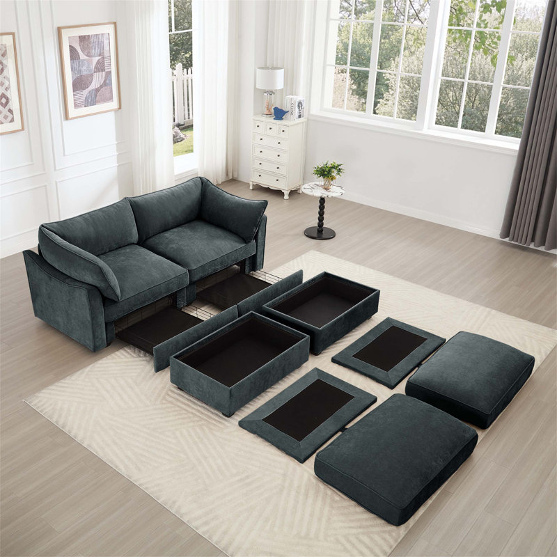 Canapé confortable à 2 places avec repose-pieds et tiroirs de rangement coulissants, idéal pour se détendre et organiser des espaces de vie