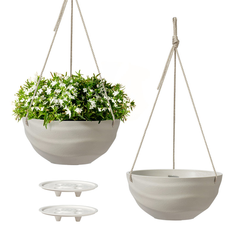 10 Inch Hanging Planters For Indoor Plants, Outdoor Garden Planter Pots With Self-Watering Tray, Oatmeal