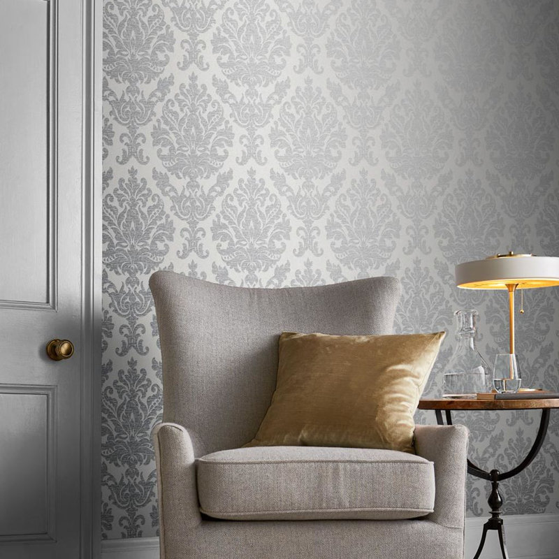 Damask Metallic Wallpaper Roll, Gris