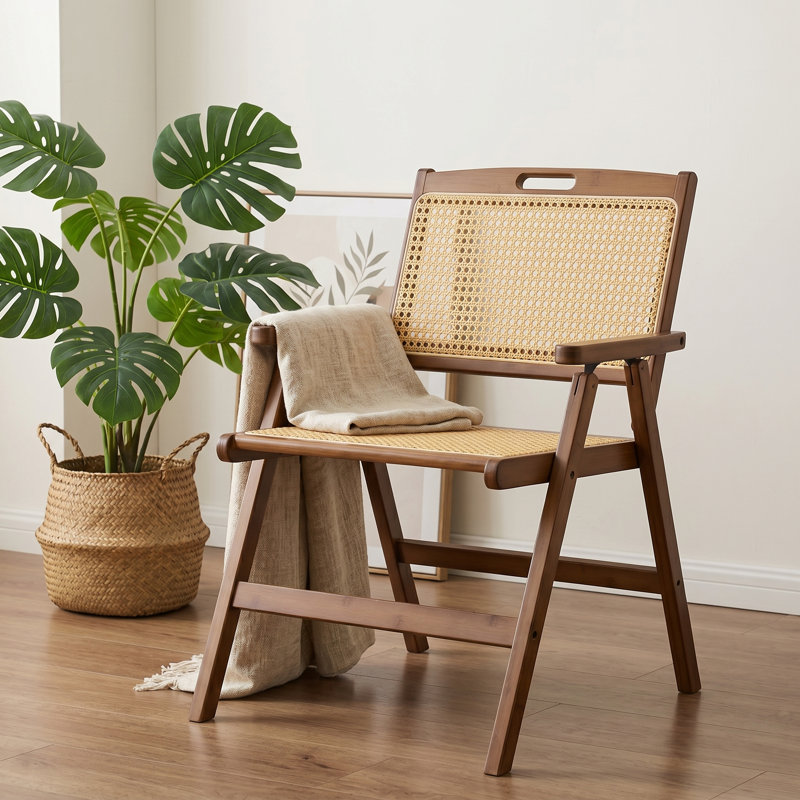 Bamboo Foldable Rattan Dining Chair, Space‑Saving Ergonomic Armrest Chair with Handle for Kitchen Dining Room Patio