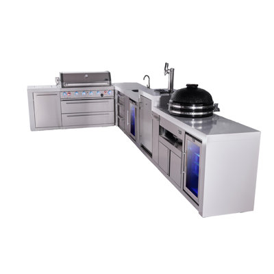 Mont Alpi Premium 6-burner 94"x161" L-shaped 805 Deluxe Stainless Steel Modular Outdoor Kitchen Island Bbq Gas Grill + Beverage Center Refrigerator Faucet & Sink + Kegerator + Kamado + Storage Cabinet
