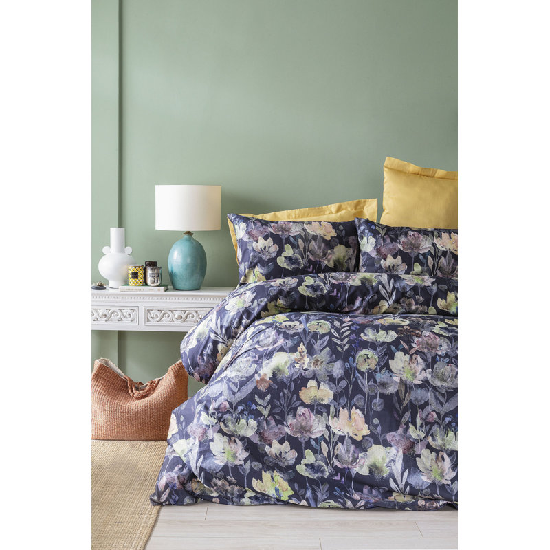 Ensemble de housse de couette 100% coton Adam-John bleu / crème / vert, Housse de couette double TG + 3 pièces supplémen