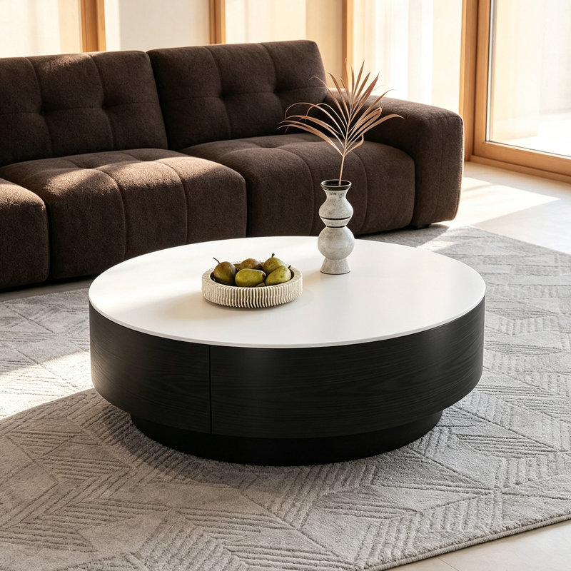 Table basse ronde pour petit appartement, 12.99" H x 31.49" W x 31.49" D, White Top/Black Base , Flat