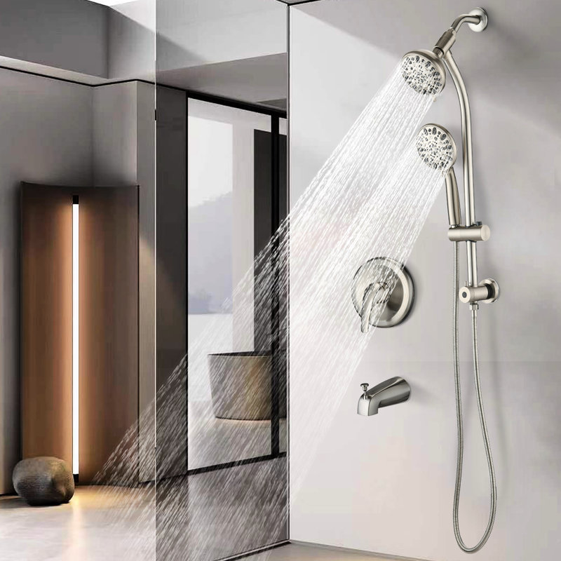 7-Setting Dual Shower Head System With Stainless Steel Slide Bar, Brushed Nickel, Metal Tub Spout & Kit Drill- Bar 5-Inch Abs Head, 7 Settings,