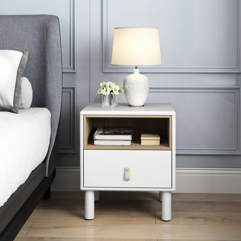 Commode de chevet avec tiroir pratique et tablette - table de construction moderne en bois avec rangement ouvert, Blanc
