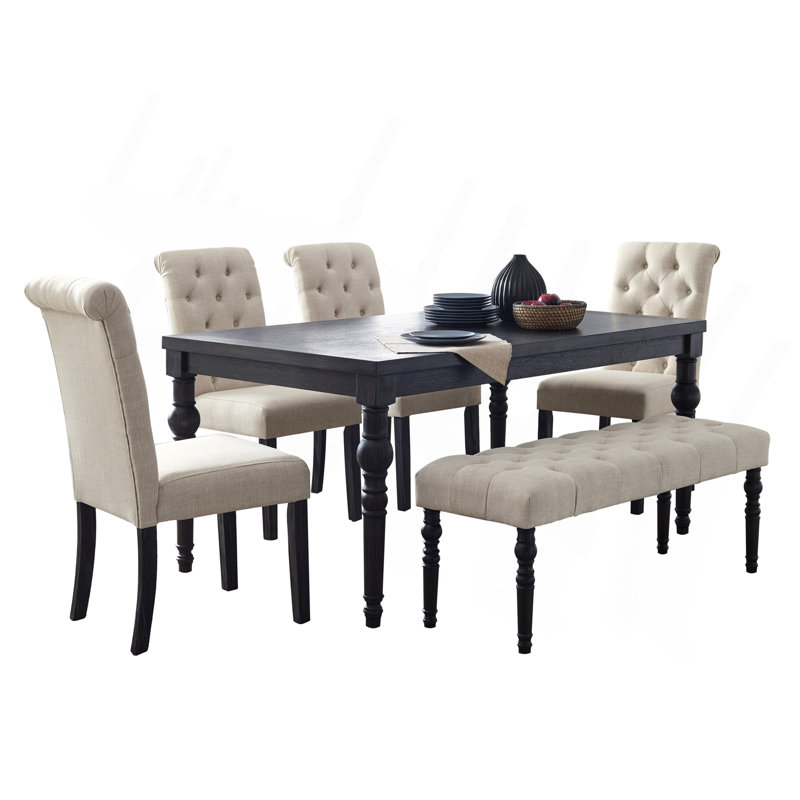Ensemble de salle à manger en bois foncé de style urbain Leviton: table, 4 chaises et banc, Beige