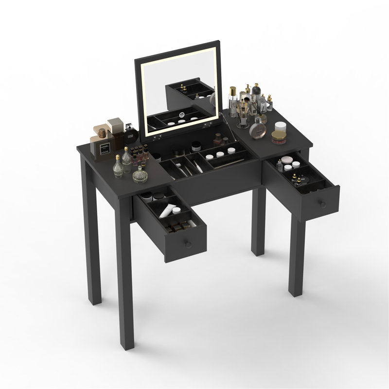 Bureau de coiffeuse multifonctionnel avec éclairage réglable à 3 niveaux avec miroir rabattable et rangement Table de maquillage profonde 15,75 po 2 tiroirs et 3 boîtes de rangement amovibles Bureau de bureau compact noir