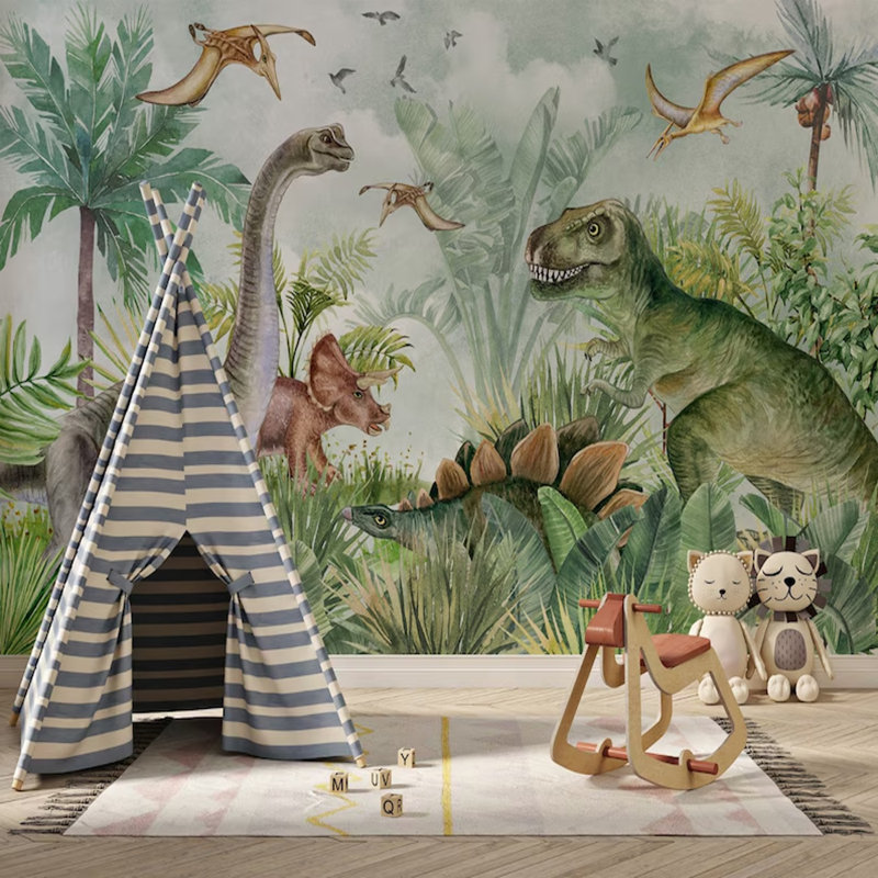 Rêves de la jungle jurassique - série de dinosaures à l'aquarelle, L 108 po x l 96 po