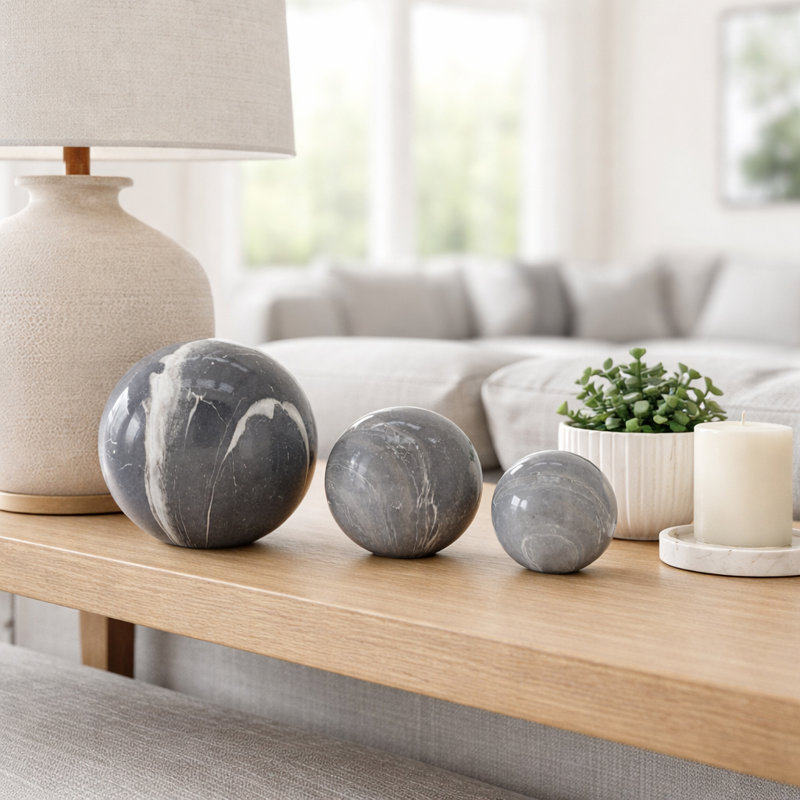Marble Inspired Orbs for Living Room Decor - Decorative Ceramic Accent for Entryway Table, Shelf, or Home Decor - Set of 3, Gray