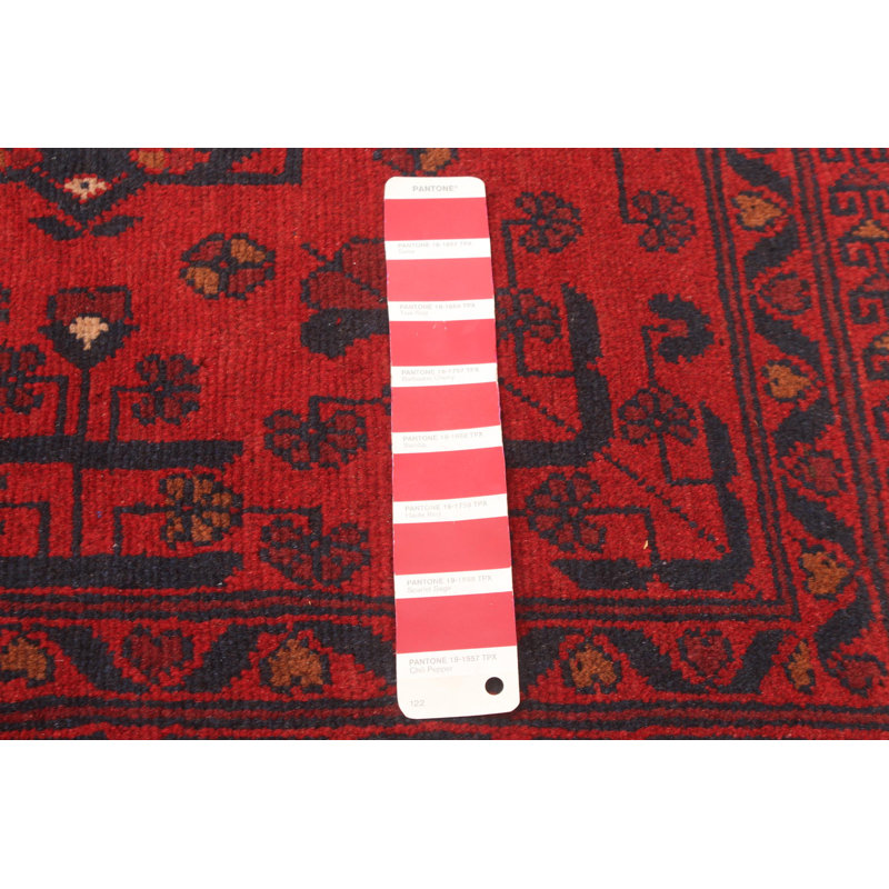 Tapis rouge foncé en laine noué à la main de conception unique 5 pi 6 po x 7 pi 4 po Ocea