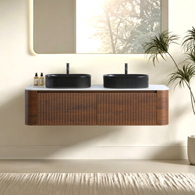 Meuble-lavabo de 60 po avec lavabo, armoire murale en noyer avec porte-serviettes gratuit, conception de deux lavabos en céramique rayés ovales noirs, sans drain et robinet, pré-assemblé