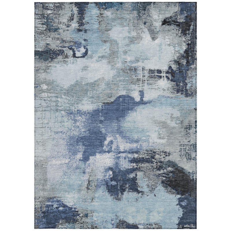 Tapis intérieur/extérieur abstrait bleu ivoire et gris 10' x 14' lavable