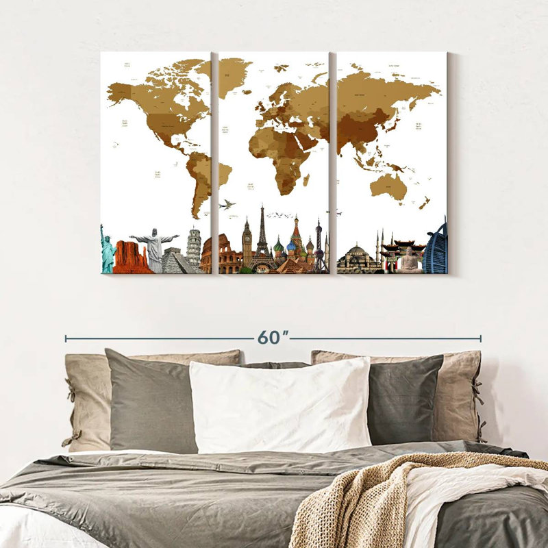 Carte du monde en bronze 3 pièces, H 32 po x l 50 po x P 1,25 po