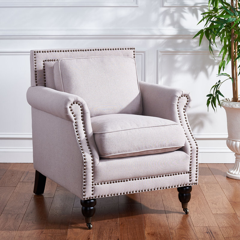 Upholstered Armchair, Beige Linen, Taupe with a Brass Nailhead