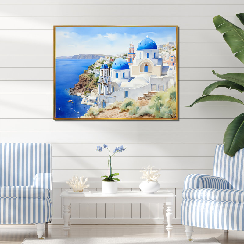 «Blue and White Greek Isles Village III - Grèce», art mural, Cadre flottant doré, H 34 po x l 44 po x P 1,5 po