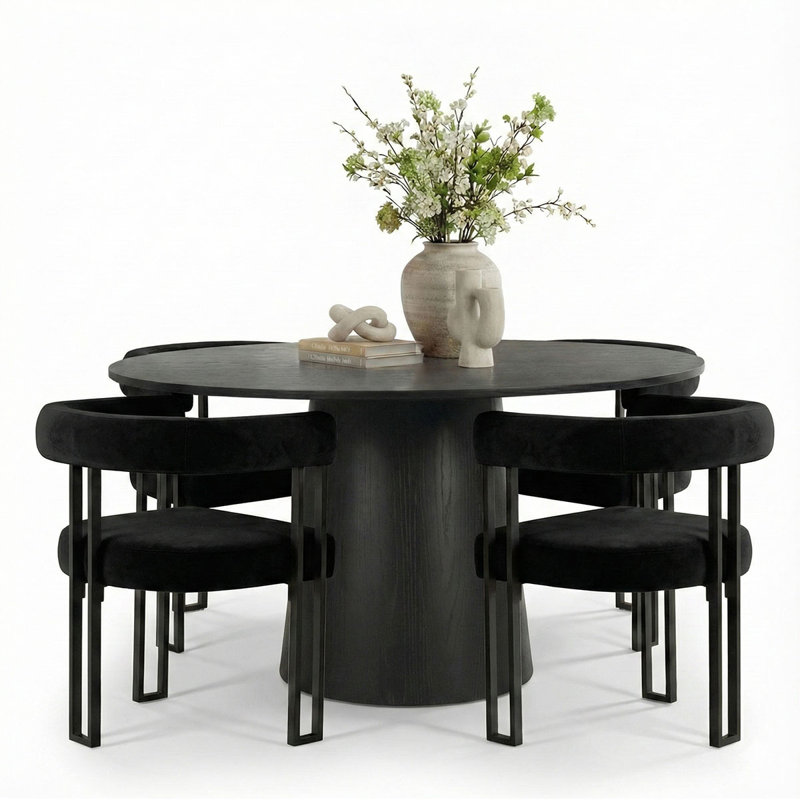 Carlen 4-Person Round Velvet Dining Set, Black