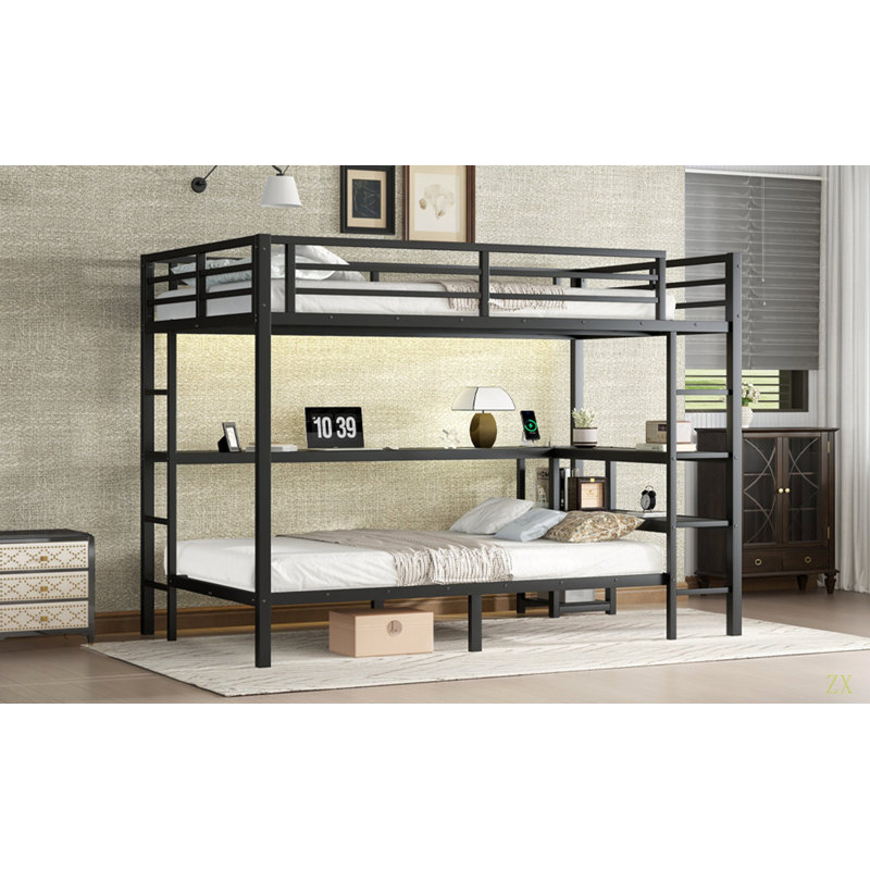 Lit superposé simple au-dessus de simple avec bureau et tablettes, avec plusieurs positions, avec DEL et USB