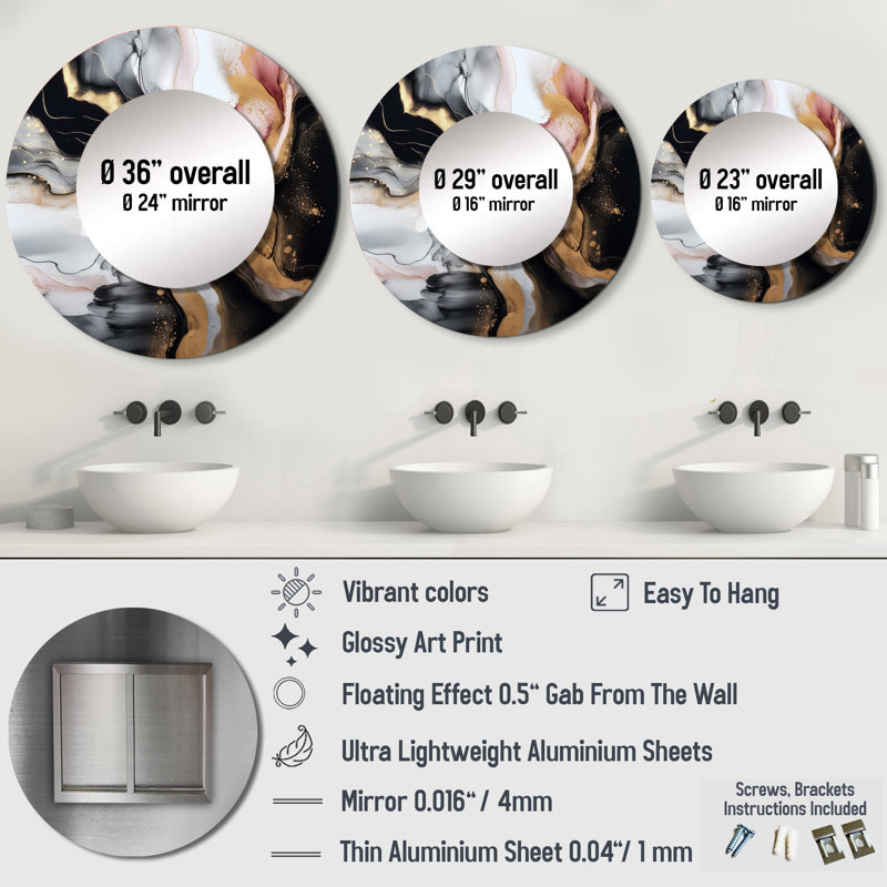 «Sirgio Black Gold Marble Splash I», miroir décoratif en marbre, 29 po x 29 po